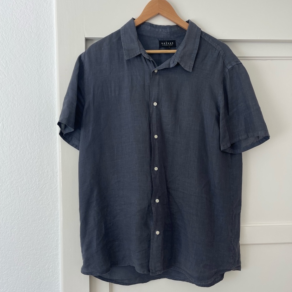 Velvet by Gahram & Spencer, button down, linen, navy blue shirt